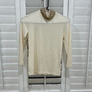 L'AGENCE Cream Top with Gold Beaded Collar